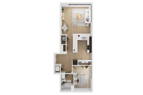 A top-down view of a small apartment with a kitchen, living room, and bedroom  at Spyglass Hill Apartments, Bremerton, 98337